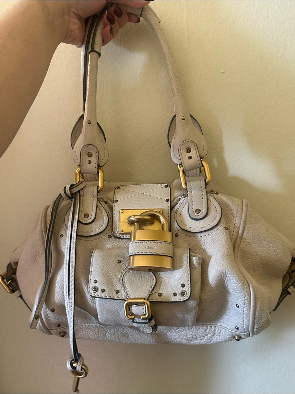 Chloe Beige Leather Satchel with Gold-Tone Padlock